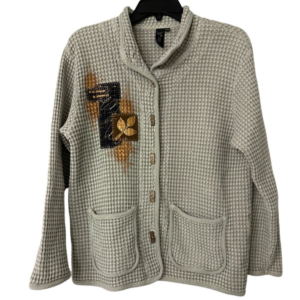 Focus Casual Life Gray Cotton Waffle Knit Embroidered Painted Cardigan Artsy S